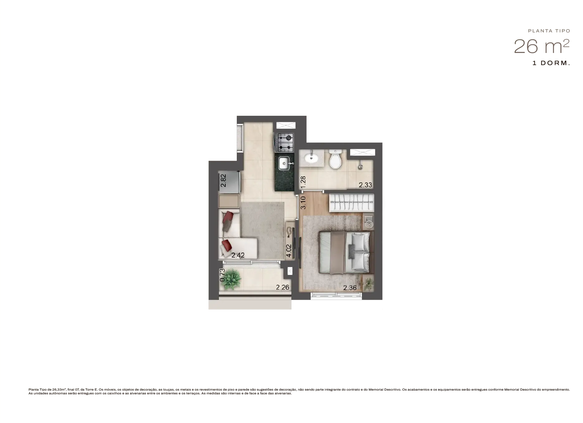 Planta humanizada Planta de 26m² — Jardim da Hípica Apartments