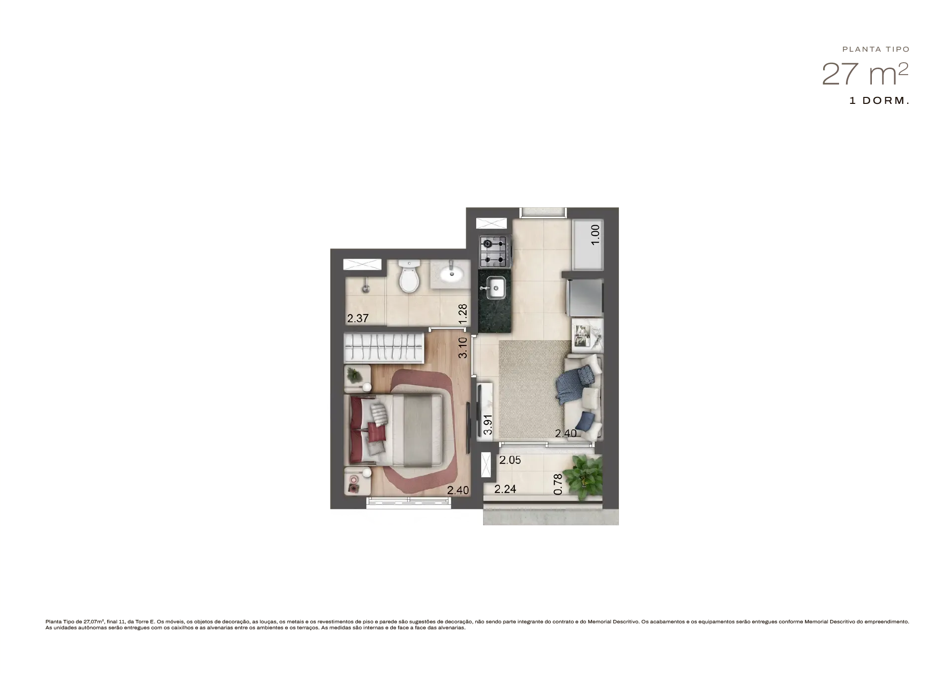 Planta humanizada Planta de 27m² — Jardim da Hípica Apartments